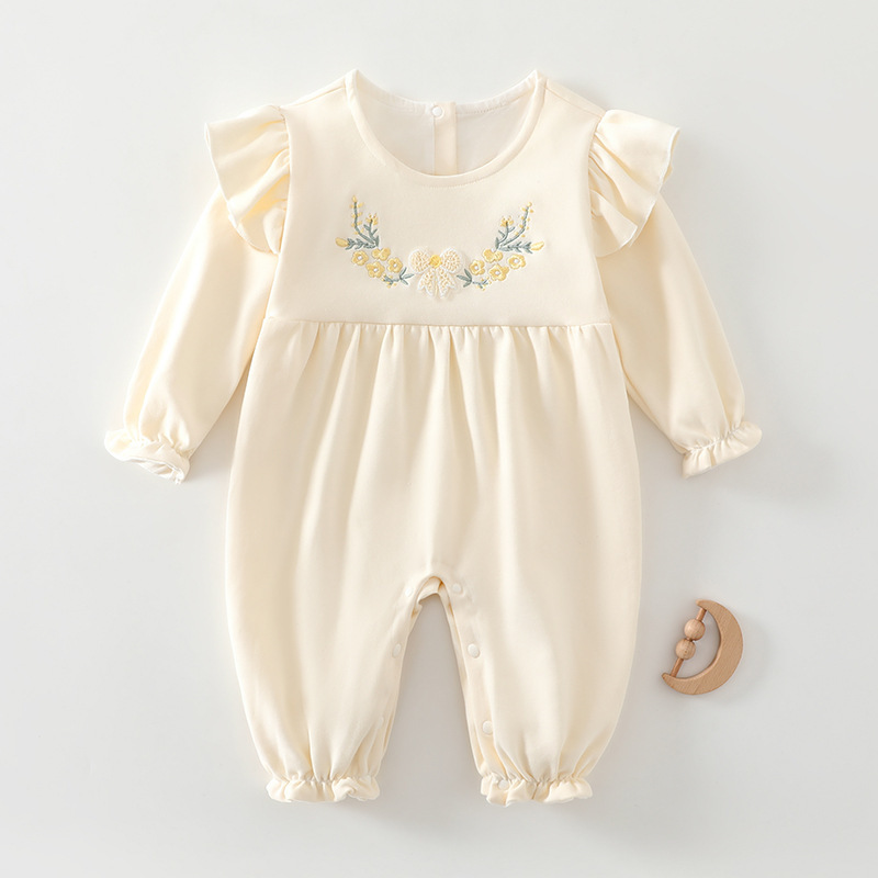 女の子の秋の子供服 2025 新しい韓国スタイルフライングスリーブ刺繍二層ジャンプスーツハーレム満月春と秋の服|undefined