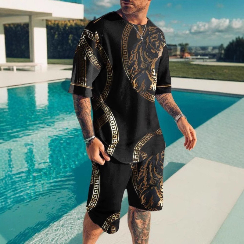 Summer New Hot Digital Printing Creative Shirt suit Casual Creative Short-sleeved Shorts Two-piece Mesh Summer New Hot Digital Printing Creative Shirt suit Casual Creative Short-sleeved Shorts Two-piece Mesh