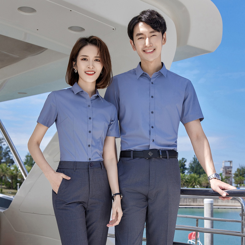 Gray new professional men's and women's shirt long short-sleeved work clothes slim fit non-ironing formal shirt embroidered LOGO