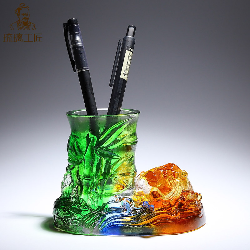 竹子祝福琉璃笔筒生肖牛摆件书房文具收藏送人创意办公桌艺术礼品