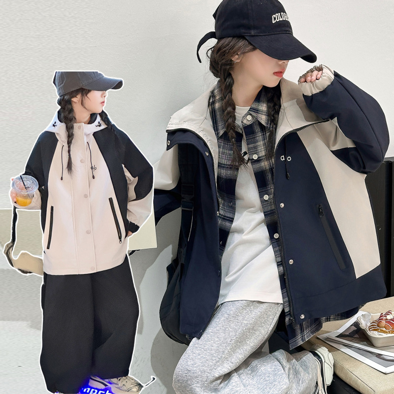 跨境女童冲锋衣外套2025新款儿童外穿初中生时髦秋装棒球连帽夹克|undefined