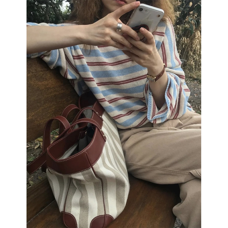 慵懒风条纹v领长袖针织衫女春秋设计感小众宽松打底衫t恤减龄上衣|undefined