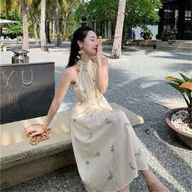 实拍好质量现货挂脖连衣裙子女2023新款夏季宽松设计感气质无袖背