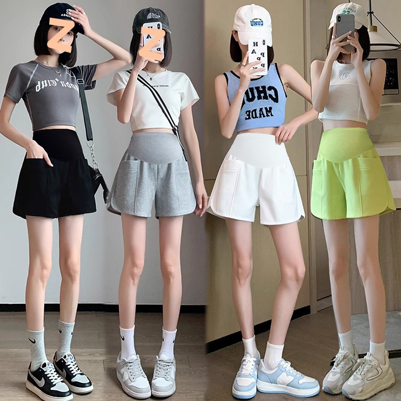 Maternity 2024 Summer New Korean-style Shrunken Ice Silk Rice Cotton Split Pull-edge Wide-leg Pregnant Women's Belly-supporting Shorts