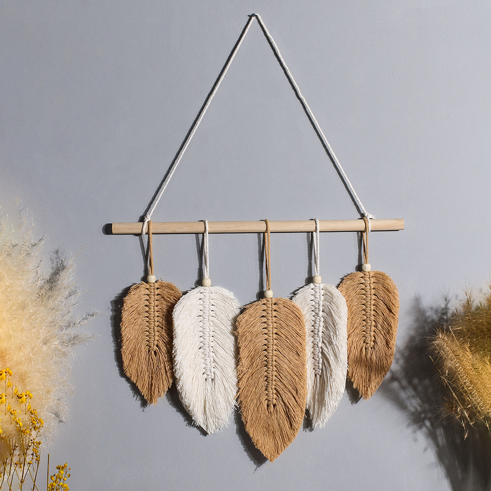 Nordic Leaf Feather Woven Cotton Thread Tapestry Wall Hanging Decoration Bedroom Bedside Wall Hanging Home Tapestry Wall Decoration