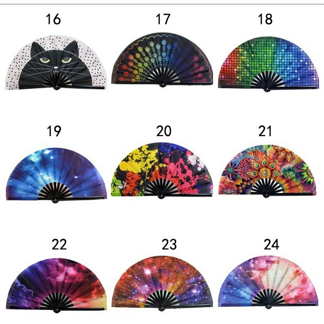 Transfronterizo para la personalidad europea y americana gran ventilador de mano ventilador de kung fu impresión de transferencia de calor UV festival de música ventilador de fiesta de bar