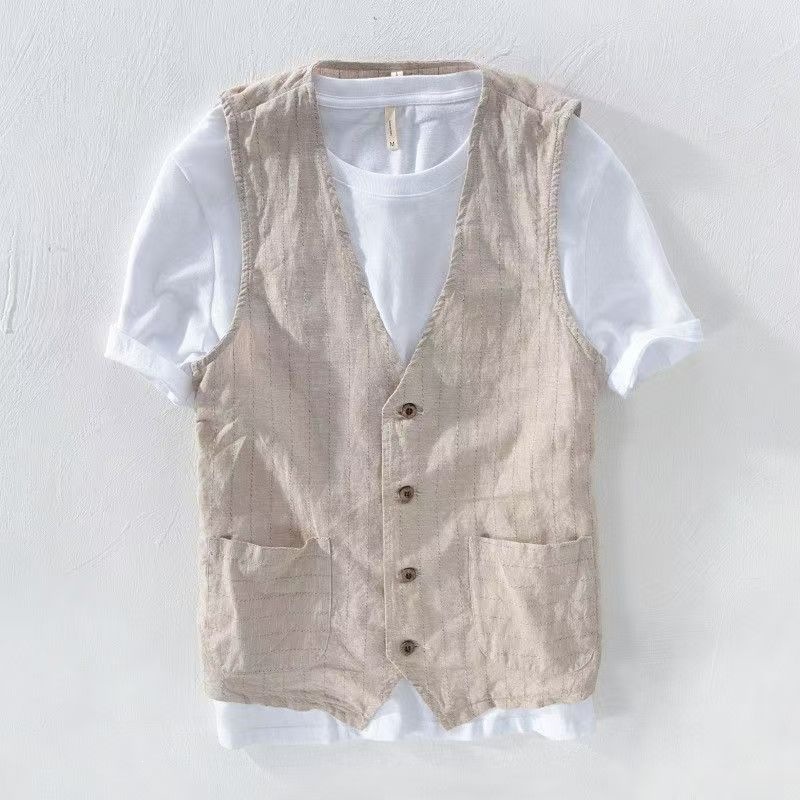 Striped linen vest for men, summer Japanese style workwear, sleeveless casual cotton and linen vest, suit vest, trendy.
