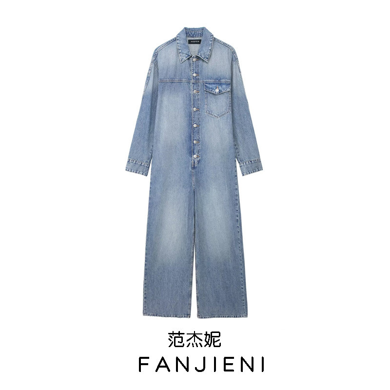 ZR foreign trade wholesale European and American style women's clothing French fashion wide leg long Denim jumpsuit 4365 280 400