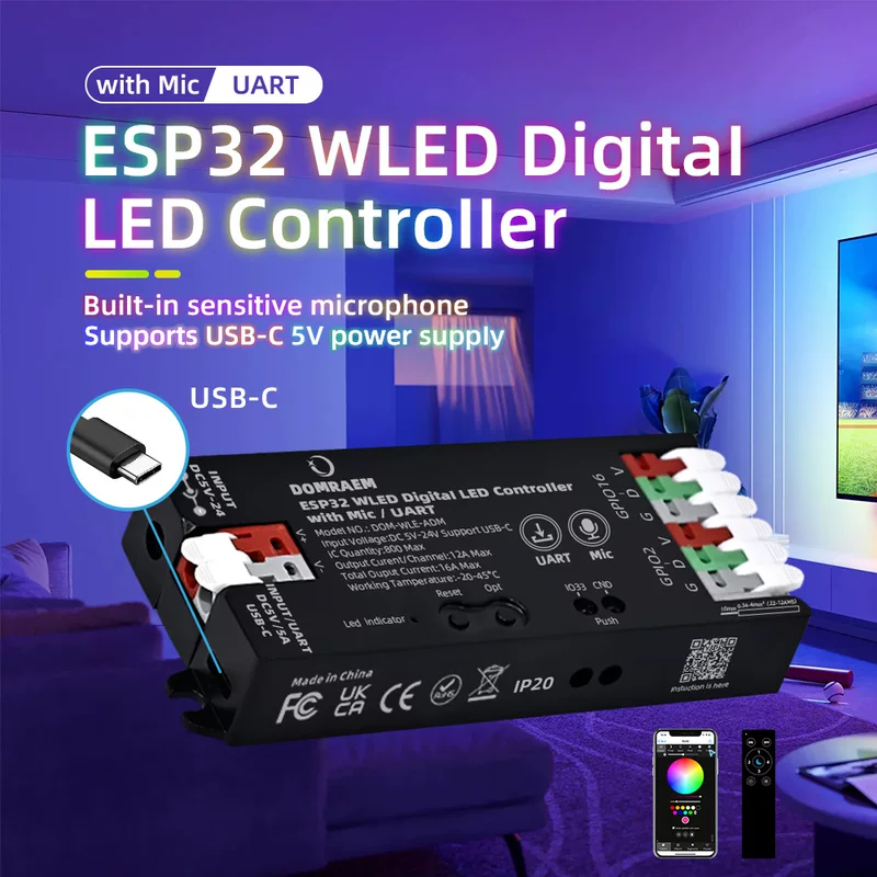 Контроллер Dingyun Technology на ESP32 с микрофоном, питание Type-C, SPI адресуемая лента WS2811, интеллектуальное затемнение