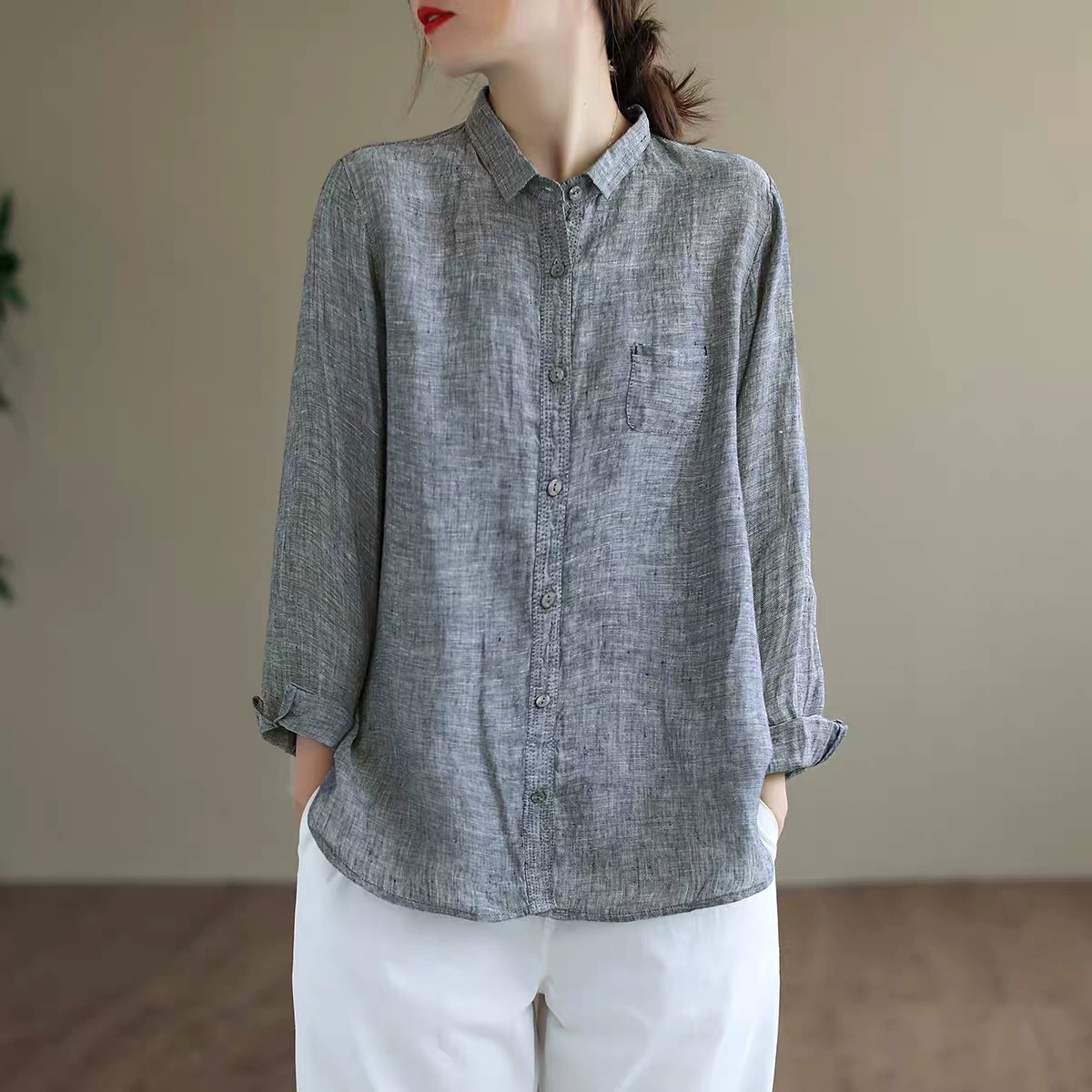 Настоящий выстрел 2021 осень Новая Художественная ретро свободная рубашка с лацканами женская рубашка больших размеров из хлопка и льна с длинным рукавом