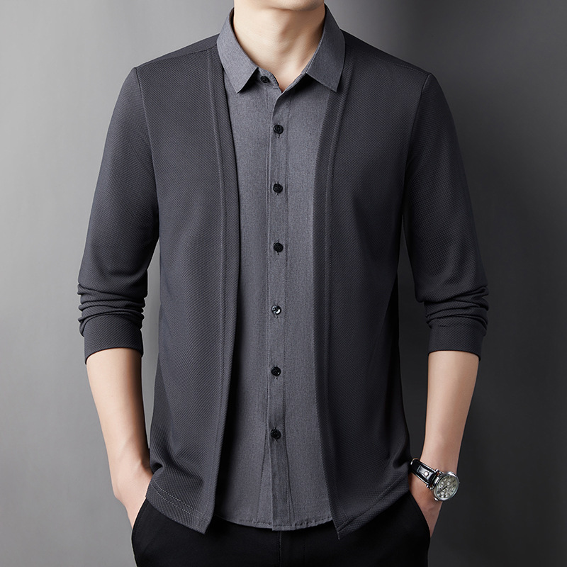 Cross-border men's shirt with a turn-down collar, faux two-piece cardigan, new spring and autumn long-sleeve knit shirt, business casual shirt Cross-border men's shirt with a turn-down collar, faux two-piece cardigan, new spring and autumn long-sleeve knit shirt, business casual shirt