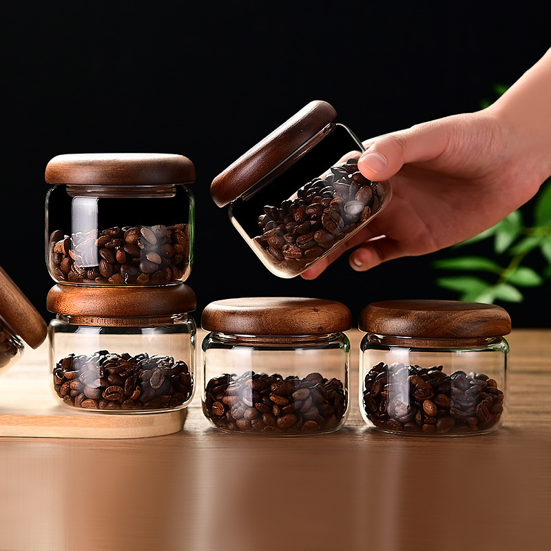 High Borosilicate Small Sugar Cup Acacia Wood Lid Simple Transparent Mini Sealed Jar Candy Coffee Bean Kitchen Storage Box