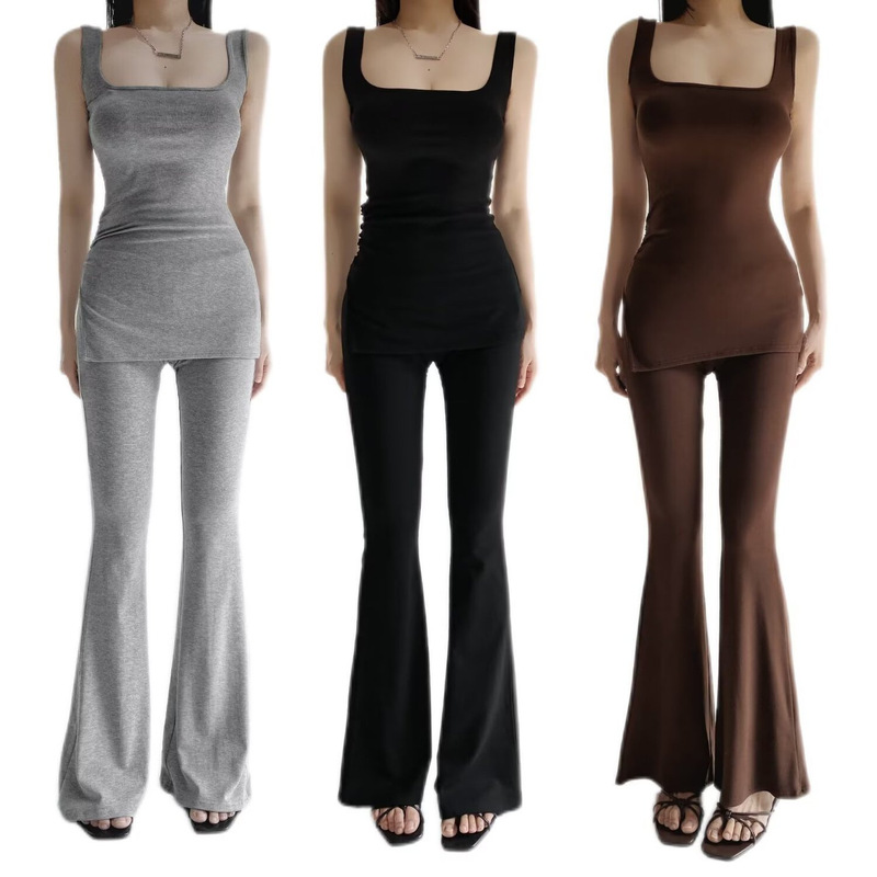 Yoga Square Collar Pleated Hip Vest Skin-feeling Comfortable Horn Trousers suit Retro High-end Split Sling Women