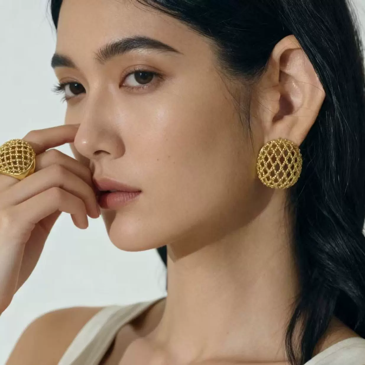 欧美ins网红金耳钉时尚个性18k金极简风捕梦网轻奢设计耳环戒指