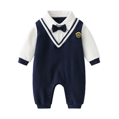 New Spring Collection Academic Style Gentleman's Baby Onesie with Pure Cotton Long Sleeve Pajama-style Bodysuit with Bow Tie Climbing Suit