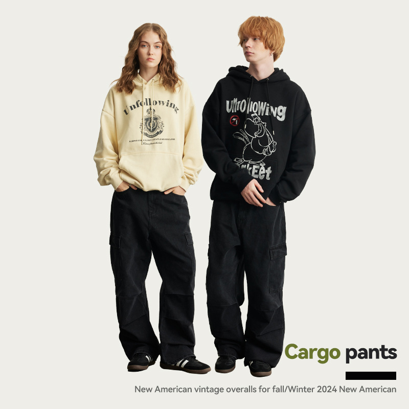 Pantalones cargo estilo americano UNF para hombre, otoño-invierno 2024, nuevos, lavados, vintage, multibolsillos, holgados, de marca original, jeans de moda.