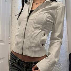 新款跨境女装欧美工装风拉链立领夹克上衣简约辣妹休闲百外贸代发