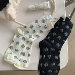 山茶花襪子布標中筒襪女ins潮襪黑白色小香風堆堆襪薄款