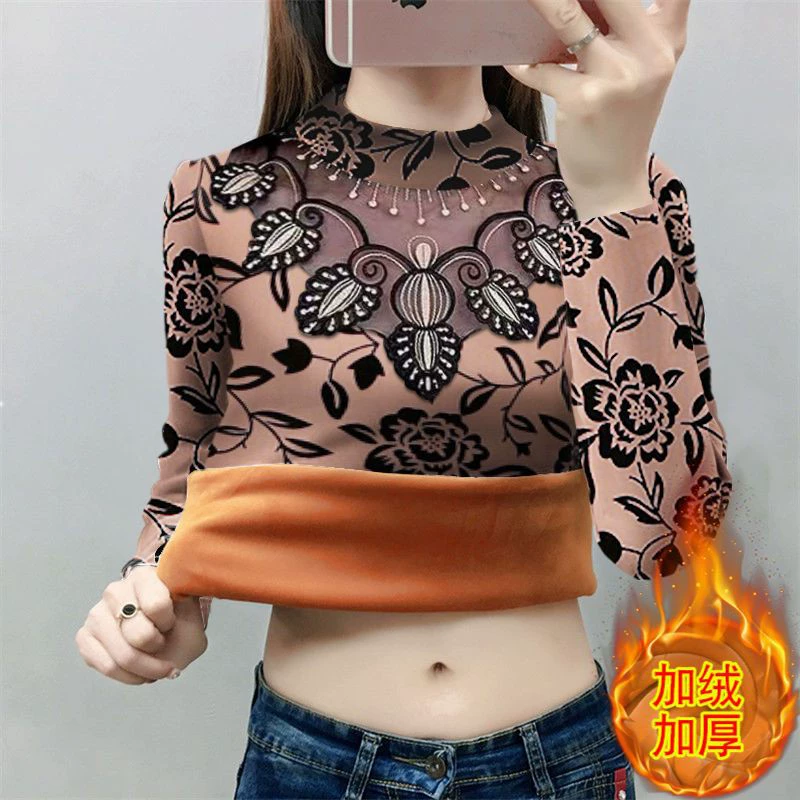 Плюшевая толстая нижняя рубашка женская осень-зима новая мама одежда с длинными рукавами кружевной принтом с полувысоким воротником для тонкого теплого топа