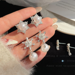 早春の氷晶雪花真珠イヤリング女銀針が精巧でシンプルで冷たい風がペンダントの小衆耳飾り卸売り