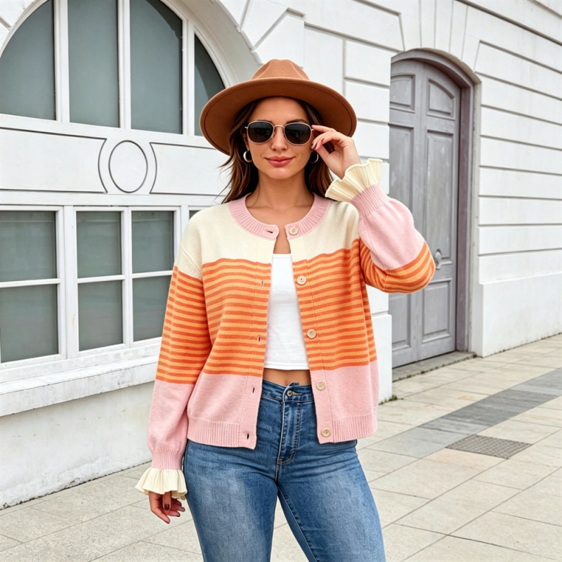 2026 Autumn and Winter New Women's Color-Blocked Round-Neck Striped Contrast Color Knitted Cardigan Loose Versatile Sweater Jacket 2026 Autumn and Winter New Women's Color-Blocked Round-Neck Striped Contrast Color Knitted Cardigan Loose Versatile Sweater Jacket