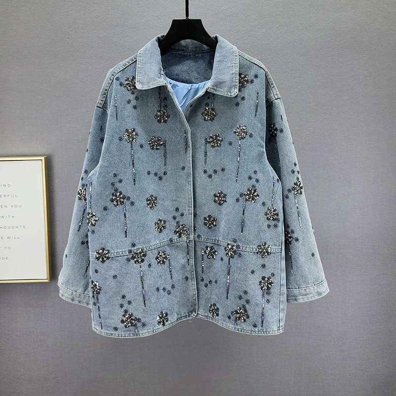 Vintage Distressed Denim Jacket for Women 2026 Spring and Autumn New Loose Slimming Heavy-Duty Rhinestone Sequin Jacket Top Trendy