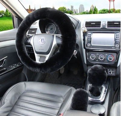 Steering wheel cover car handle cover sheep sheared short - black-three-piece-set-38cm