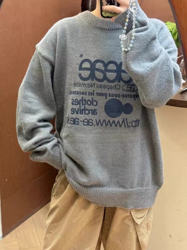 韩国潮牌小众aeae休闲字母logo印花圆领针织衫男女款超百搭毛衣|undefined