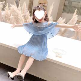 儿童连衣裙女童雪纺公主裙2020新款小女孩蕾丝露肩裙子夏装百褶裙