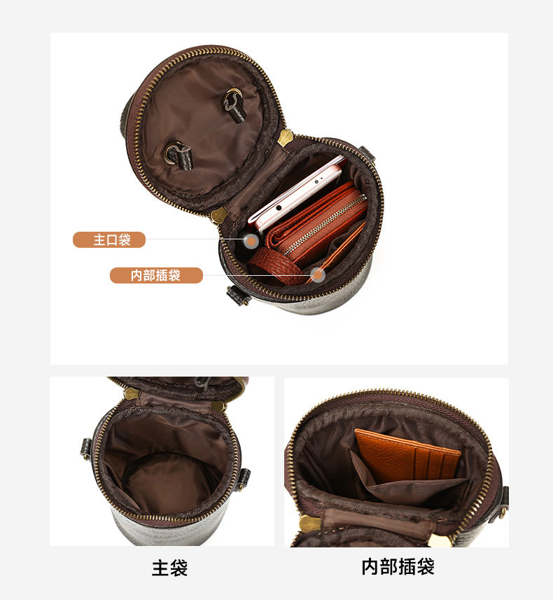 Túi xô tròn da thật nữ đeo vai xách tay đeo chéo phong cách retro cỡ trung — Cà phê, màu xám, màu đen chi tiết 11