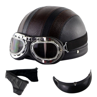 and women's summer helmet riding personalized – Motosiklet kaskı (dəbilqə) - brown-leather-helmet-harley-goggles-detachable-scarf