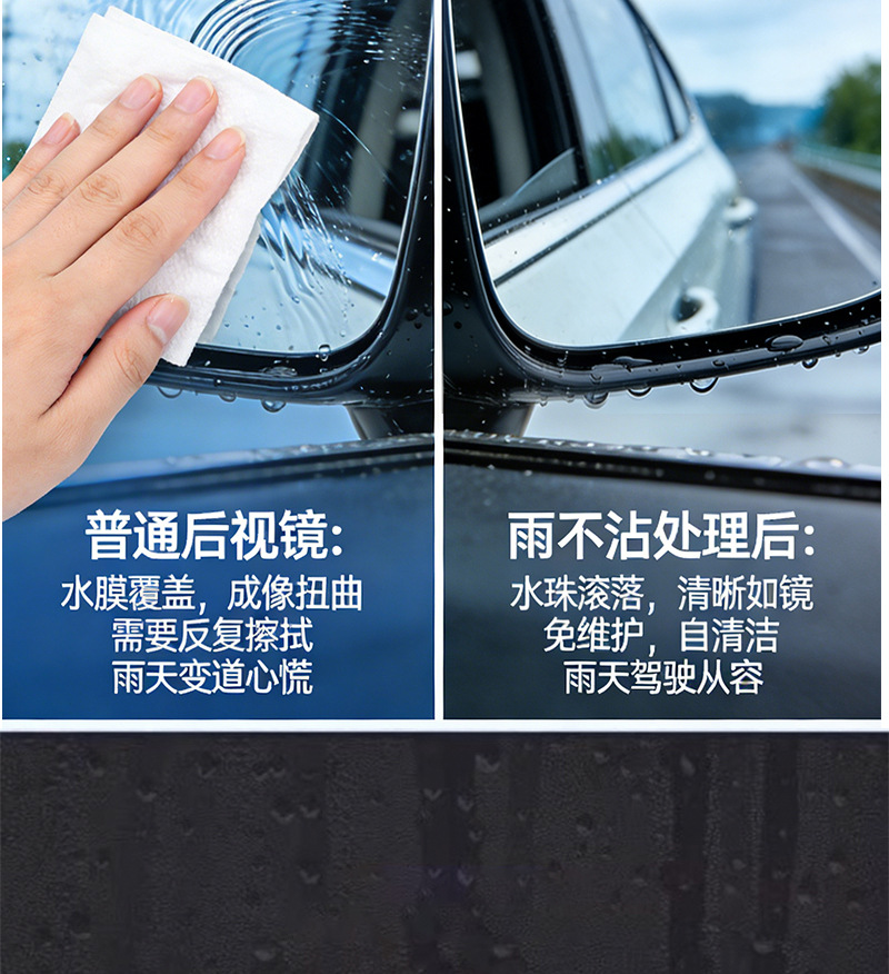 Car accessories: rain and fog repellent, car glass water repellent, car rearview mirror defogger and rain remover, glass cleaner