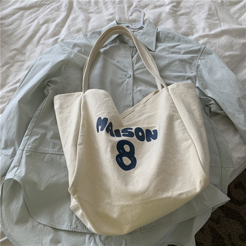 Bag Large Capacity Women's One Shoulder Portable Canvas Women's Bag Versatile Casual Letter Printed Thick Shoulder Strap Bucket Shopping Bag