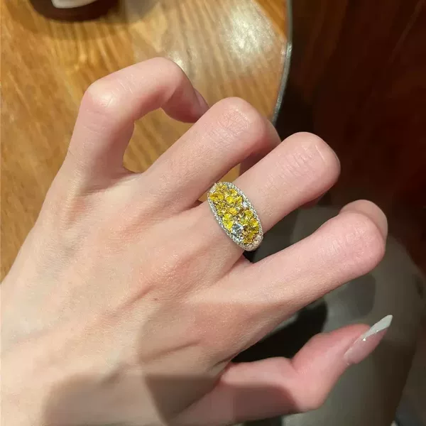 Orange Bubble Vintage Middle-Aged Ring to Attract Wealth, Yellow Zirconium Full of Diamonds, Exquisite Accessible Luxury, High-End Whitening Index Finger Ring