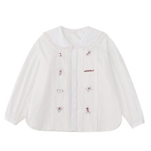 元气少女重工卡通刺绣花边海军领泡泡袖宽松白衬衫娃娃衫女