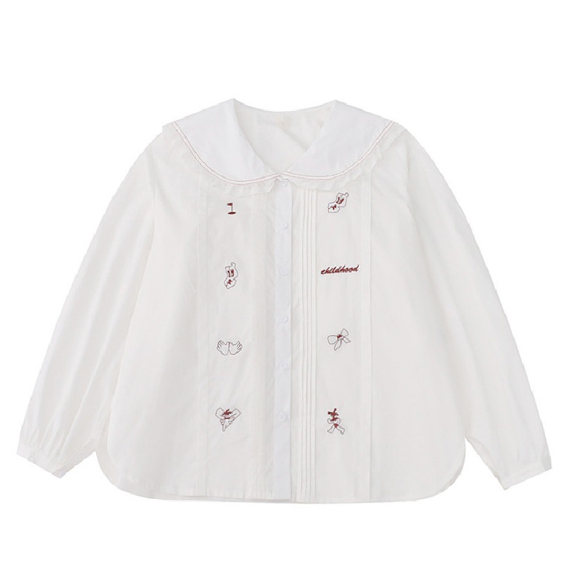 元气少女重工卡通刺绣花边海军领泡泡袖宽松白衬衫娃娃衫女