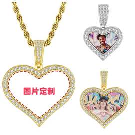 欧美嘻哈风DIY个性化相片图片制作 微镶锆石心形圆形吊坠项链