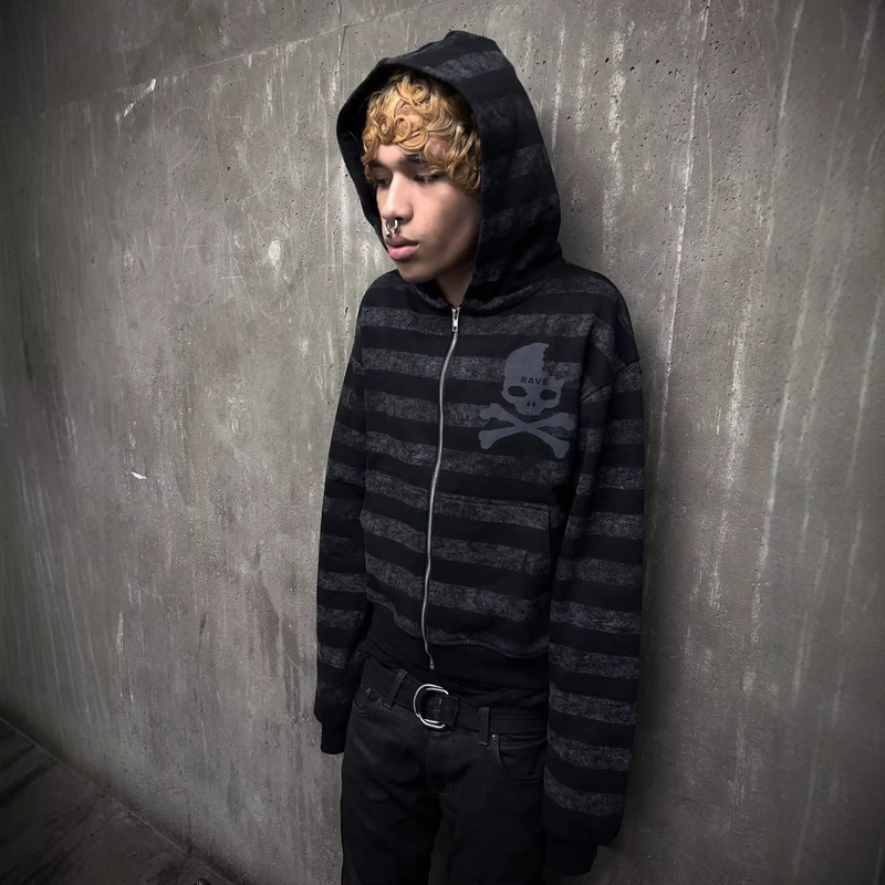 Cross-Border European and American Style Striped Skull Print Zip-Up Hoodie Y2K Retro Washed Couple's Jacket