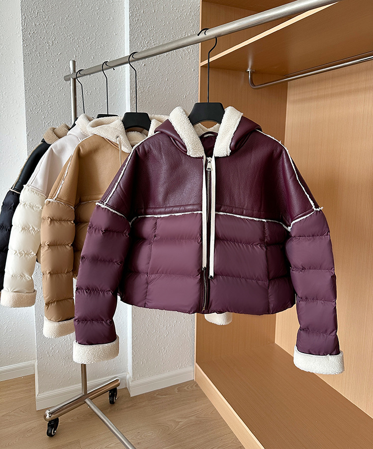 Giacca corta europea in piumino per donna stile corto cuciture colore a contrasto pelle PU leggera lusso alta qualità maglione largo 2024 nuovo inverno_voghion.com