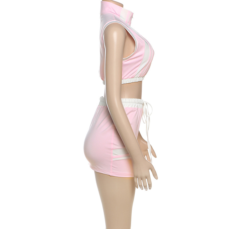 Spring Summer Women Sexy Cropped Zipper Top Slim Fit Hip Wrapped Short Skirt Set Women