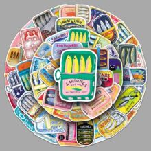 50张手绘秋刀鱼罐头贴纸创意简约食物涂鸦摩托车文具冰箱桌面贴纸