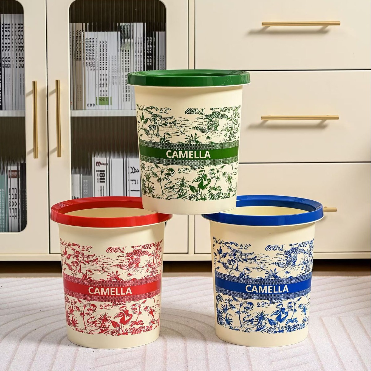 factory direct sales chinese style retro bedroom large capacity milk tea trash can toilet pail printed thickening large kitchen