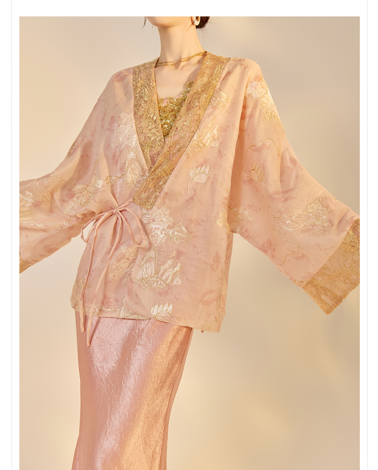 Áo khoác cardigan nữ phong cách Trung Hoa retro thêu hoa cột dây — hồng chi tiết 13