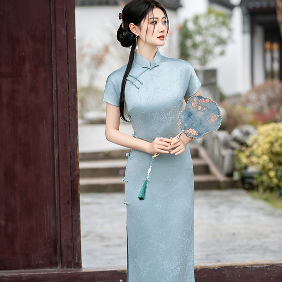 Spring and summer small fresh daily art floral fashion slim modified stand collar short sleeve long young girl cheongsam