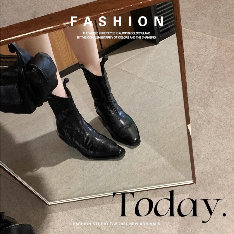 头层牛皮尖头西部口鞋复古粗跟褶皱牛仔靴后拉链女头层皮V同款