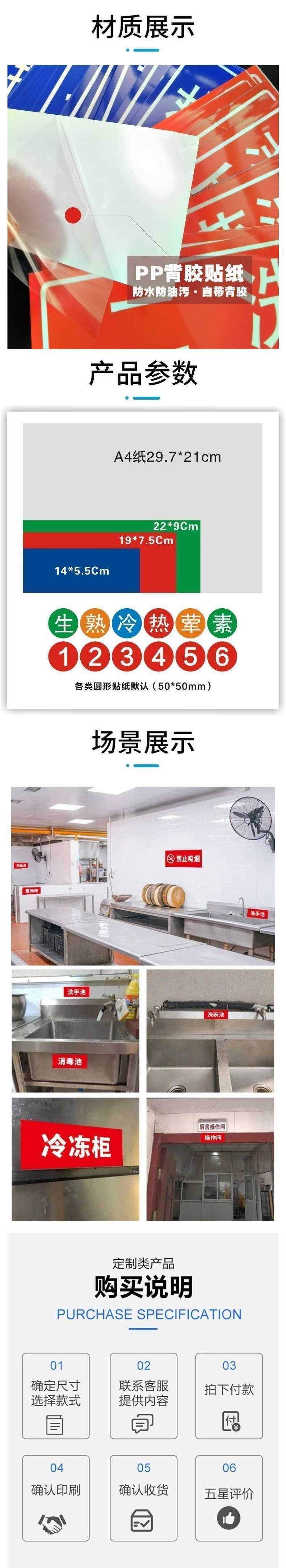 New kitchen signage for restaurants, 4D management classification labels for food service: cleaning, washing, disinfecting, vegetable washing, and meat washing sinks