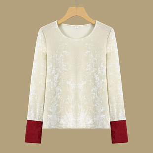 New Chinese Style Round Neck Stitching Contrasting Color Long-Sleeved T-Shirt Women's 2025 Spring New Women's Comfortable and Versatile Bottoming Shirt
