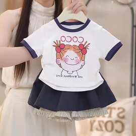 女童套装夏装2026新款儿童超好看印花短袖T恤两件套洋气女孩上衣