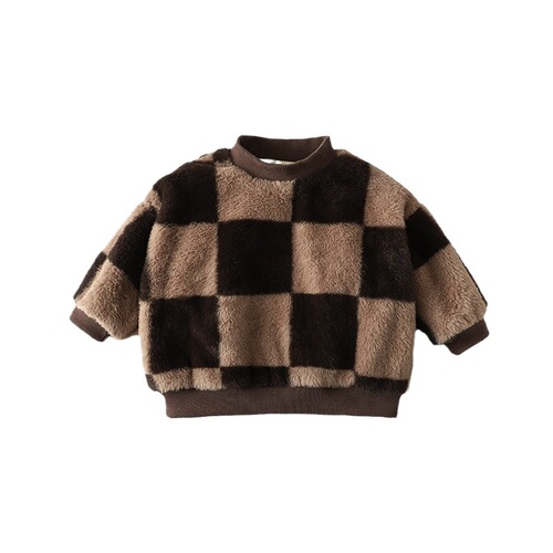 Children's stylish cozy crewneck sweater for autumn and winter, unisex, with added padding for warmth, faux rabbit fur material, grid pattern