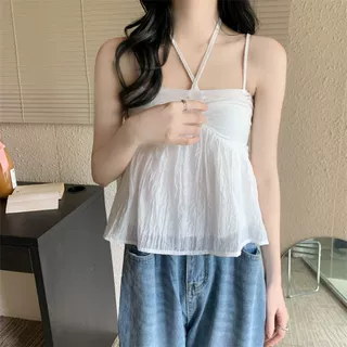 辣妹性感针织挂脖小吊带女夏季修身绑带抹胸背心短款露背上衣外穿